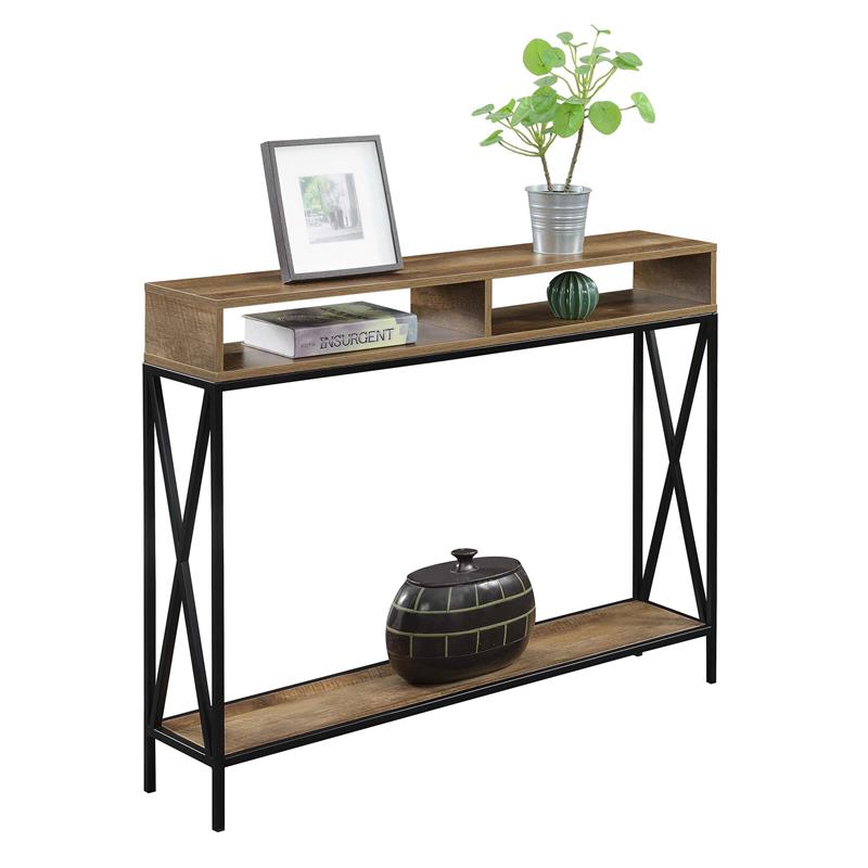 Pemberly Row Deluxe Console Table w/ Shelf in Nutmeg Wood w/ Black Metal Frame