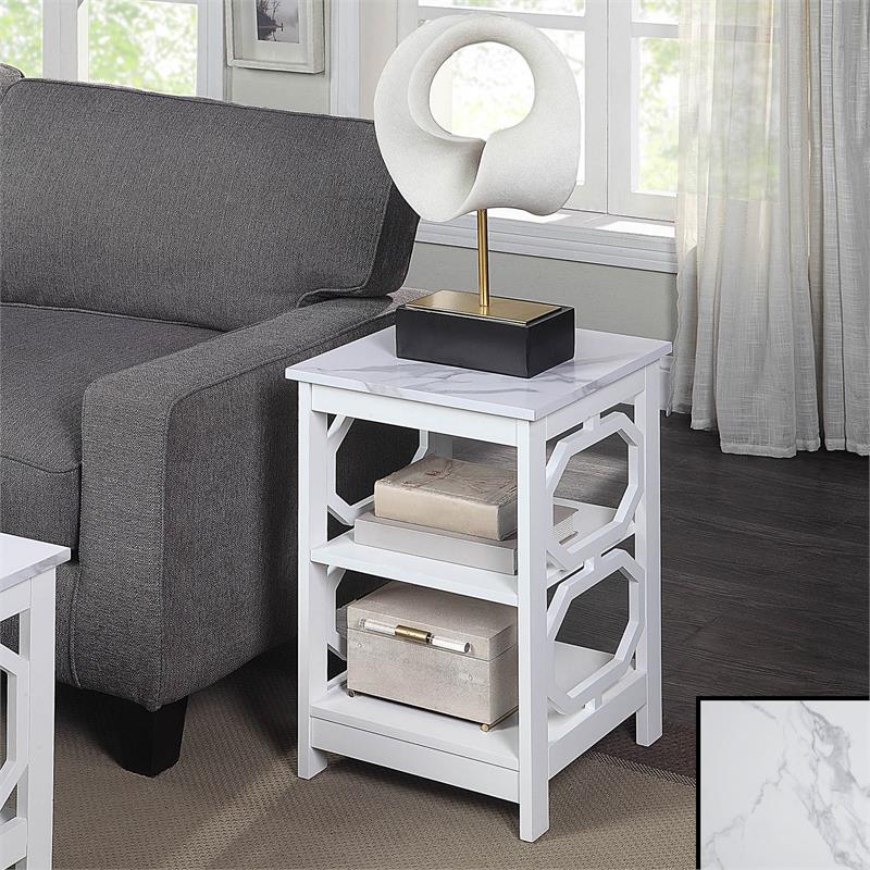 Pemberly Row End Table w/ Shelves w/ White Faux Marble Top & White Wood Finish