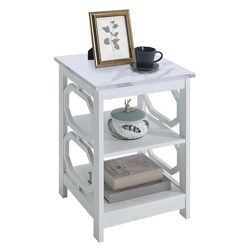 Pemberly Row End Table w/ Shelves w/ White Faux Marble Top & White Wood Finish