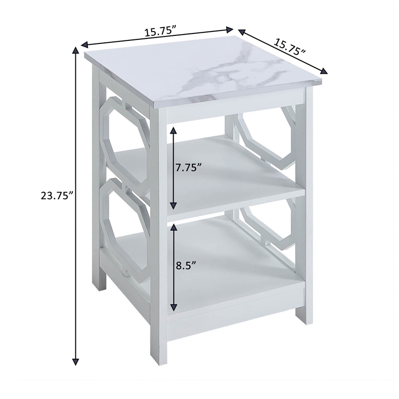 Pemberly Row End Table w/ Shelves w/ White Faux Marble Top & White Wood Finish