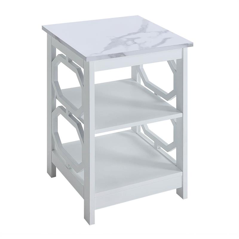 Pemberly Row End Table w/ Shelves w/ White Faux Marble Top & White Wood Finish