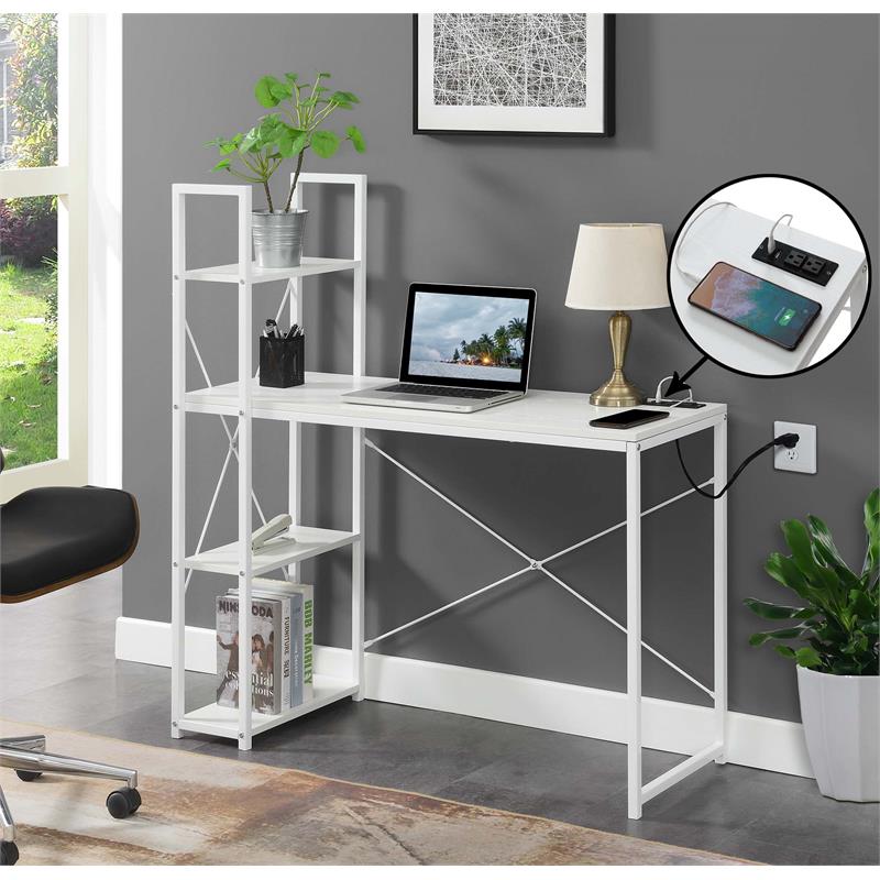 Pemberly Row Office Workstation with Charging Station and Shelves in White Wood