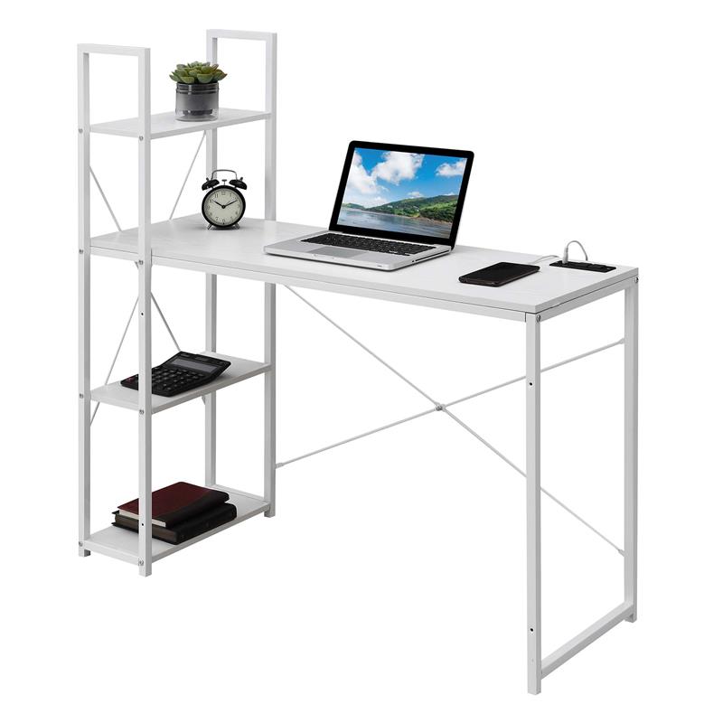 Pemberly Row Office Workstation with Charging Station and Shelves in White Wood