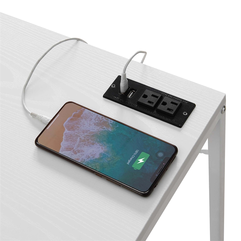 Pemberly Row Office Workstation with Charging Station and Shelves in White Wood