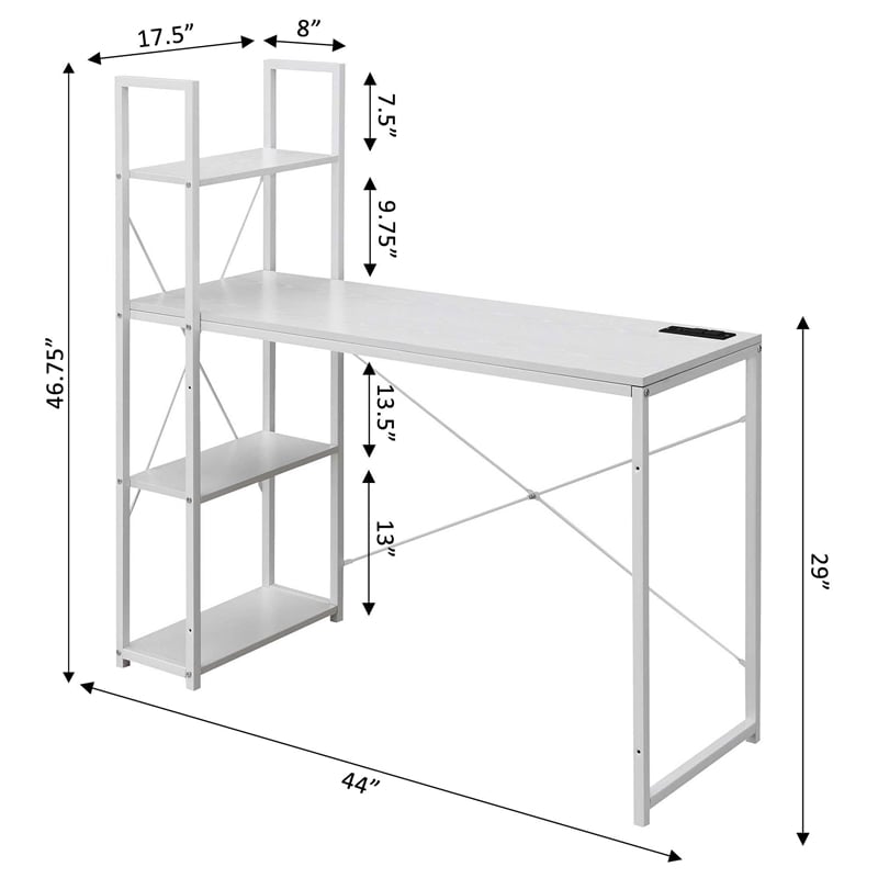 Pemberly Row Office Workstation with Charging Station and Shelves in White Wood