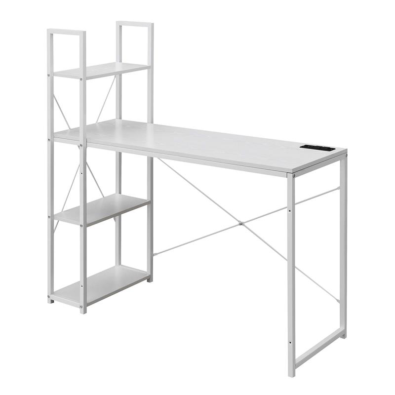 Pemberly Row Office Workstation with Charging Station and Shelves in White Wood