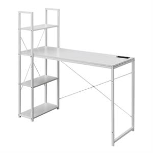 Pemberly Row Office Workstation with Charging Station and Shelves in White Wood