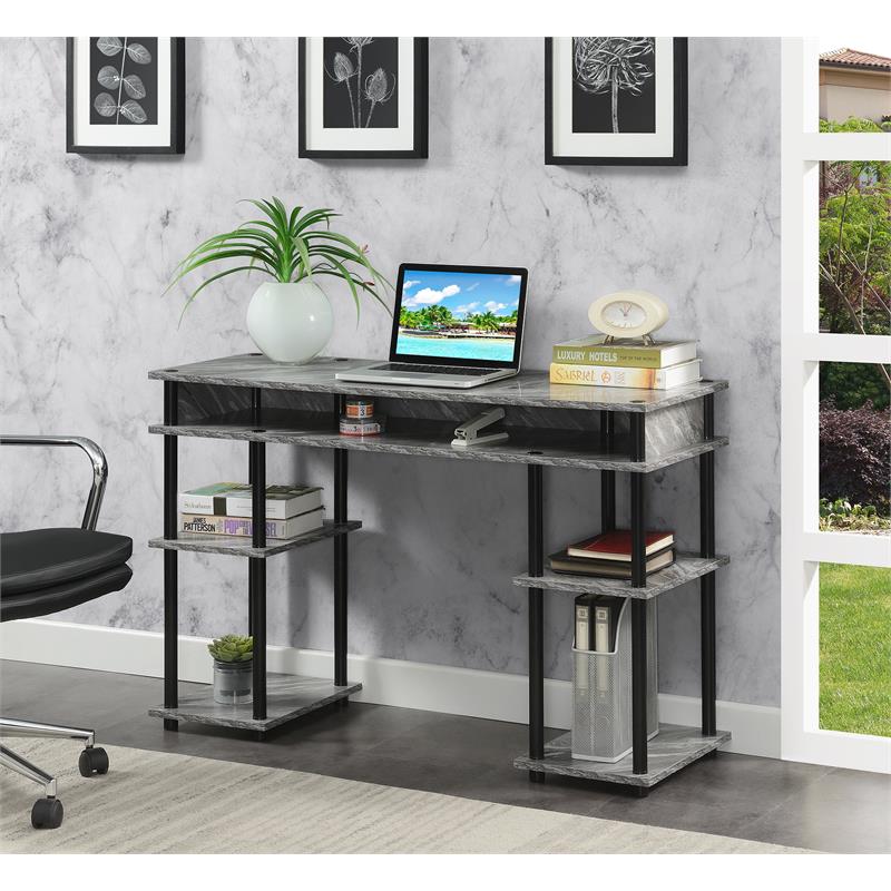 Pemberly Row No-Tools Student Desk with Shelves in Gray Faux Marble Wood Finish