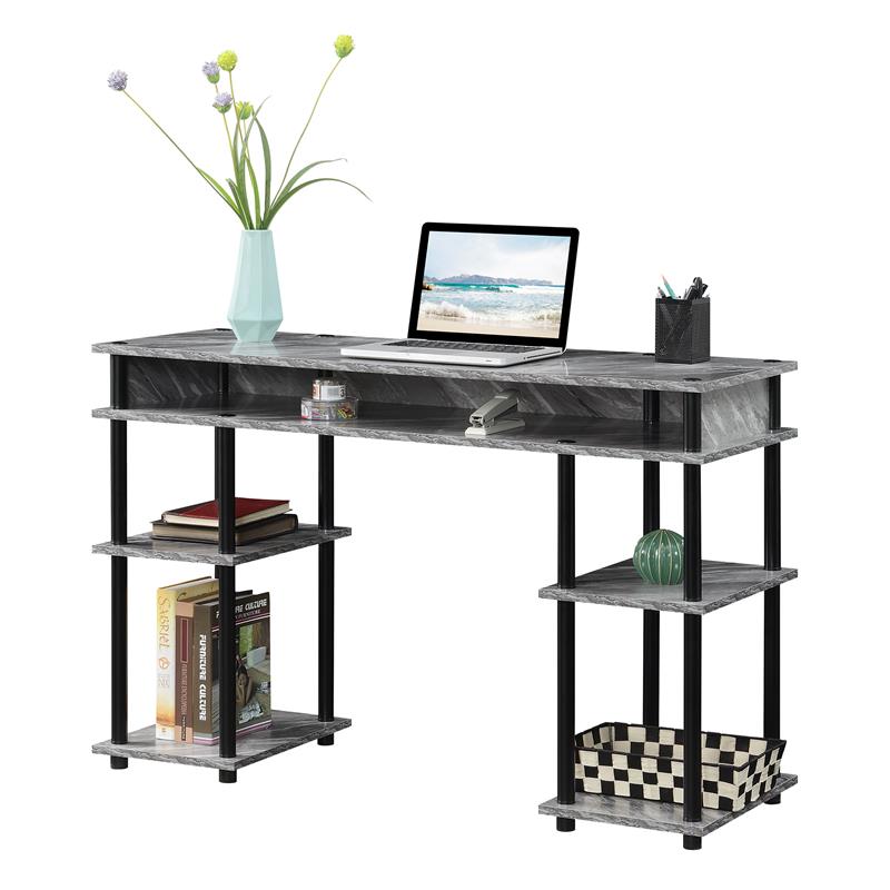 Pemberly Row No-Tools Student Desk with Shelves in Gray Faux Marble Wood Finish