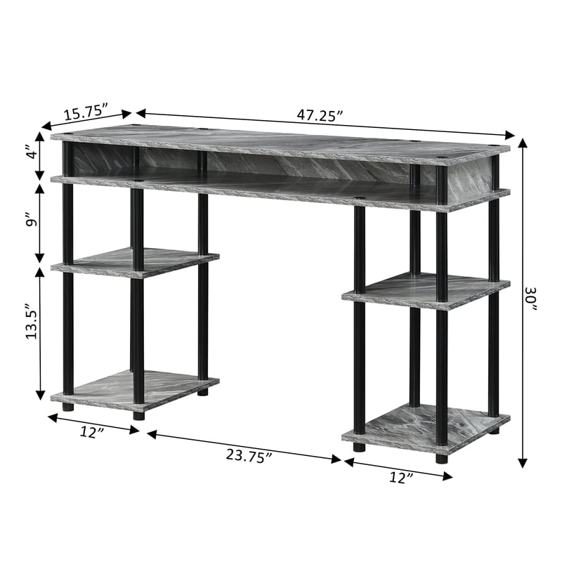 Pemberly Row No-Tools Student Desk with Shelves in Gray Faux Marble Wood Finish