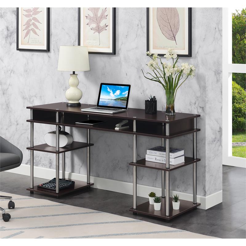 Pemberly Row No-Tools 60-inch Deluxe Student Desk with Shelves in Espresso Wood