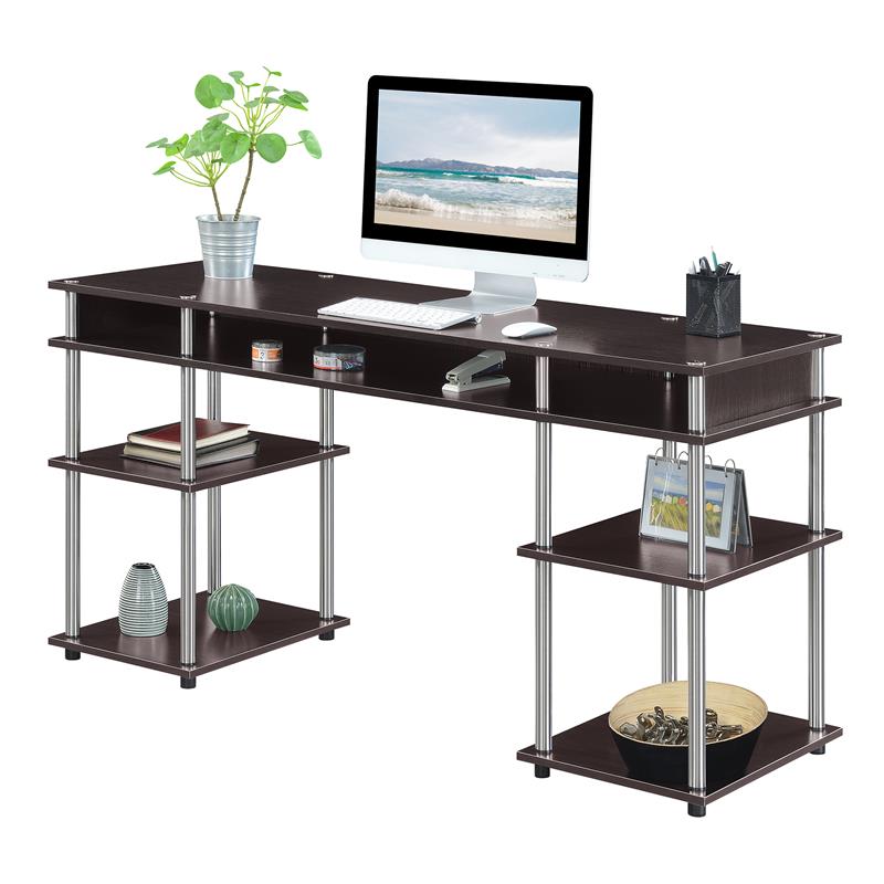 Pemberly Row No-Tools 60-inch Deluxe Student Desk with Shelves in Espresso Wood