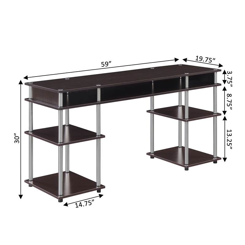 Pemberly Row No-Tools 60-inch Deluxe Student Desk with Shelves in Espresso Wood