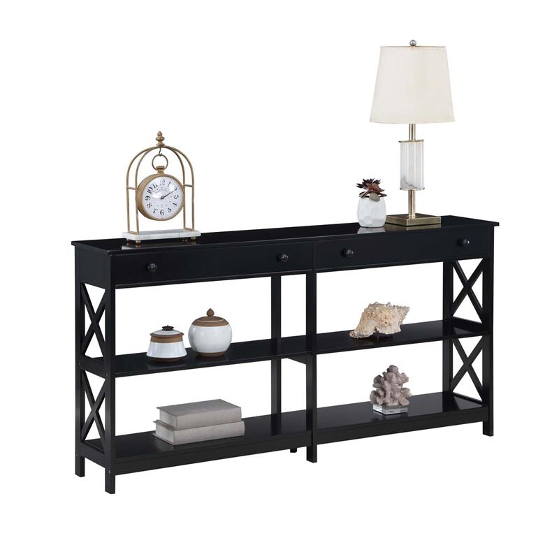 Pemberly Row Two-Drawer 60-inch Console Table with Shelves in Black Wood Finish
