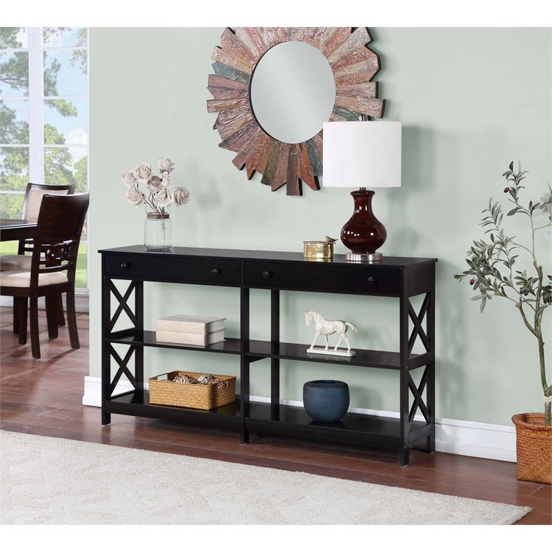 Pemberly Row Two-Drawer 60-inch Console Table with Shelves in Black Wood Finish
