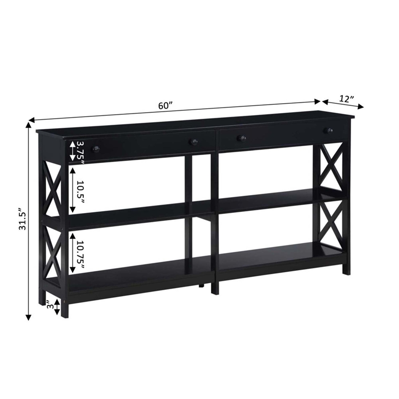 Pemberly Row Two-Drawer 60-inch Console Table with Shelves in Black Wood Finish