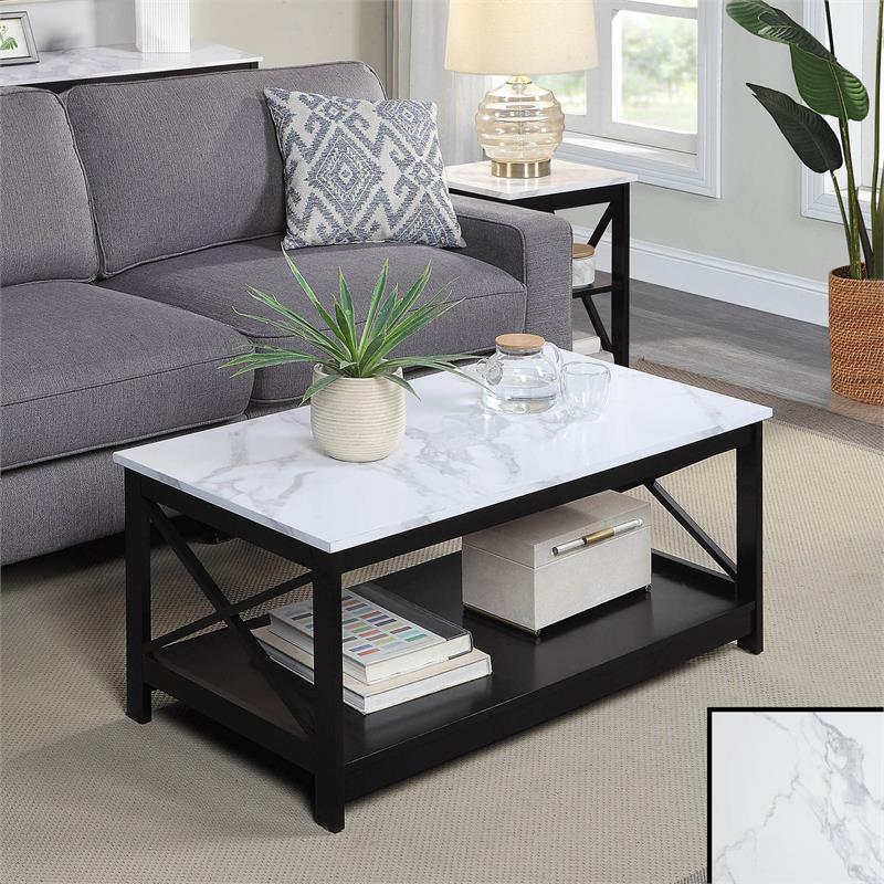 Pemberly Row Coffee Table with Shelf in White Faux Marble and Black Wood Finish