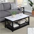 Pemberly Row Coffee Table with Shelf in White Faux Marble and Black Wood Finish