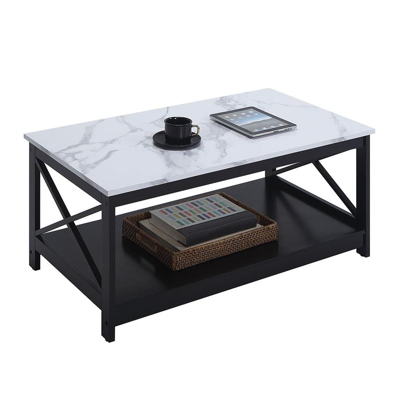 Pemberly Row Coffee Table with Shelf in White Faux Marble and Black Wood Finish