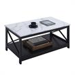 Pemberly Row Coffee Table with Shelf in White Faux Marble and Black Wood Finish