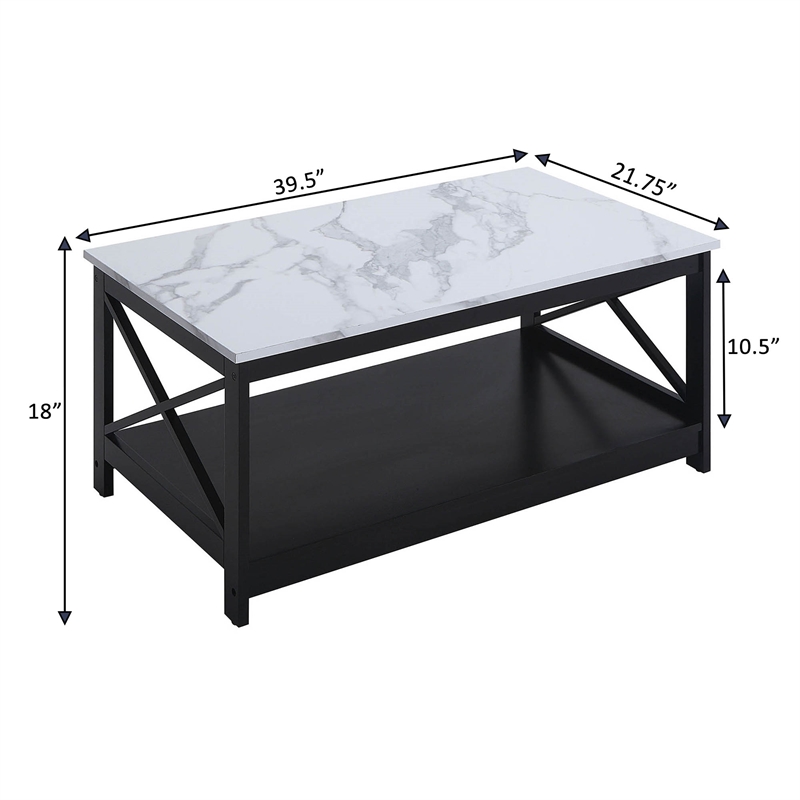 Pemberly Row Coffee Table with Shelf in White Faux Marble and Black Wood Finish