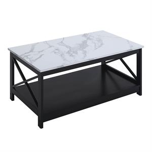 Pemberly Row Coffee Table with Shelf in White Faux Marble and Black Wood Finish