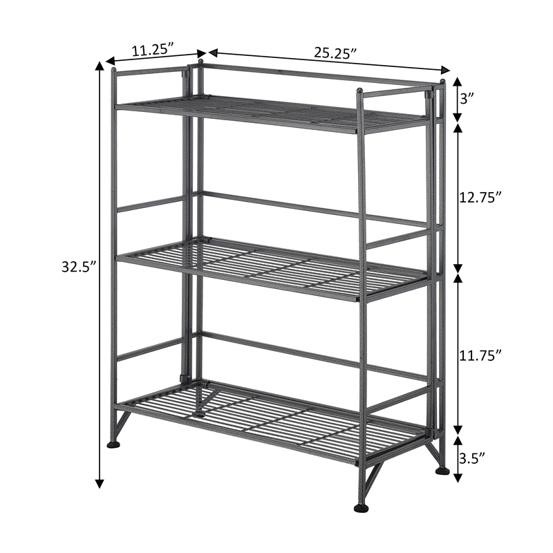 Pemberly Row Three-Tier Wide Folding Metal Shelf with Textured Gray Metal Frame