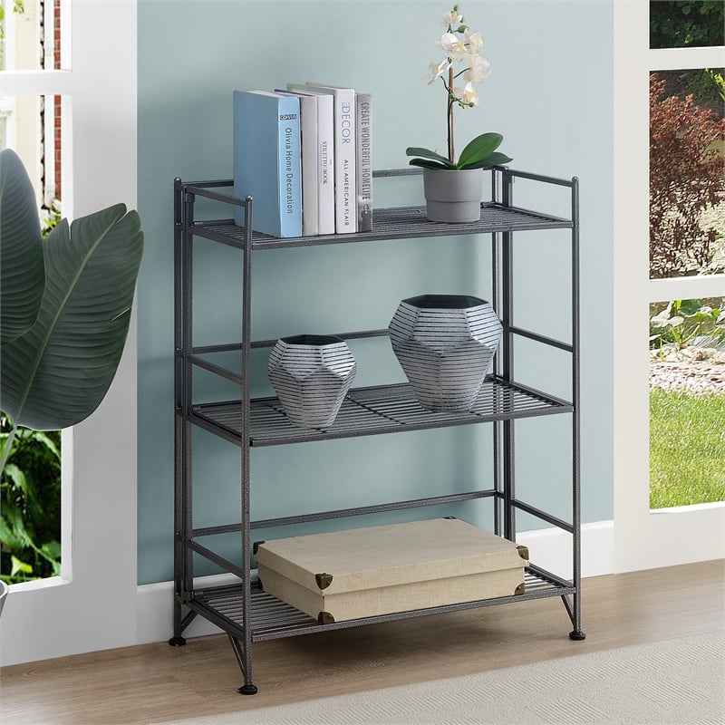 Pemberly Row Three-Tier Wide Folding Metal Shelf with Textured Gray Metal Frame
