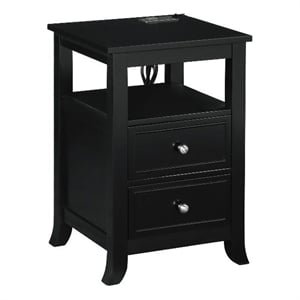 Pemberly Row Two-Drawer End Table with Charging Station and Shelf in Black Wood