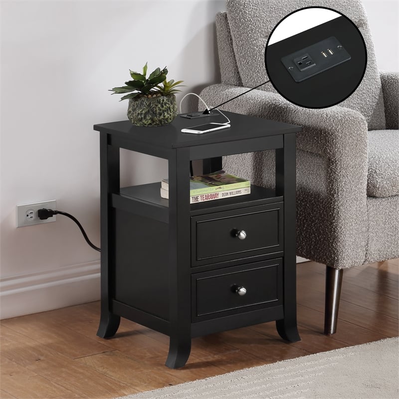 Pemberly Row Two-Drawer End Table with Charging Station and Shelf in Black Wood