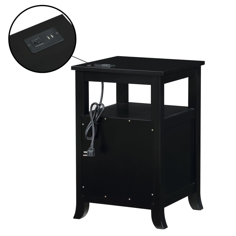 Pemberly Row Two-Drawer End Table with Charging Station and Shelf in Black Wood
