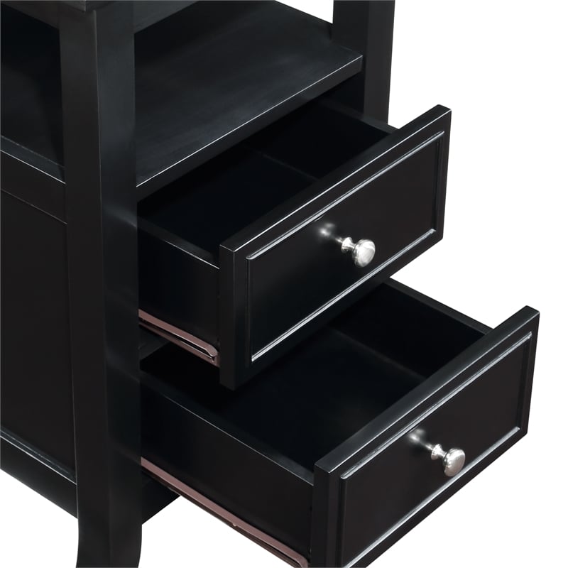 Pemberly Row Two-Drawer End Table with Charging Station and Shelf in Black Wood