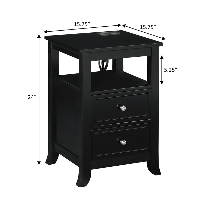 Pemberly Row Two-Drawer End Table with Charging Station and Shelf in Black Wood