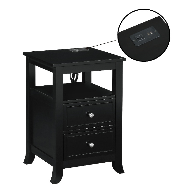 Pemberly Row Two-Drawer End Table with Charging Station and Shelf in Black Wood