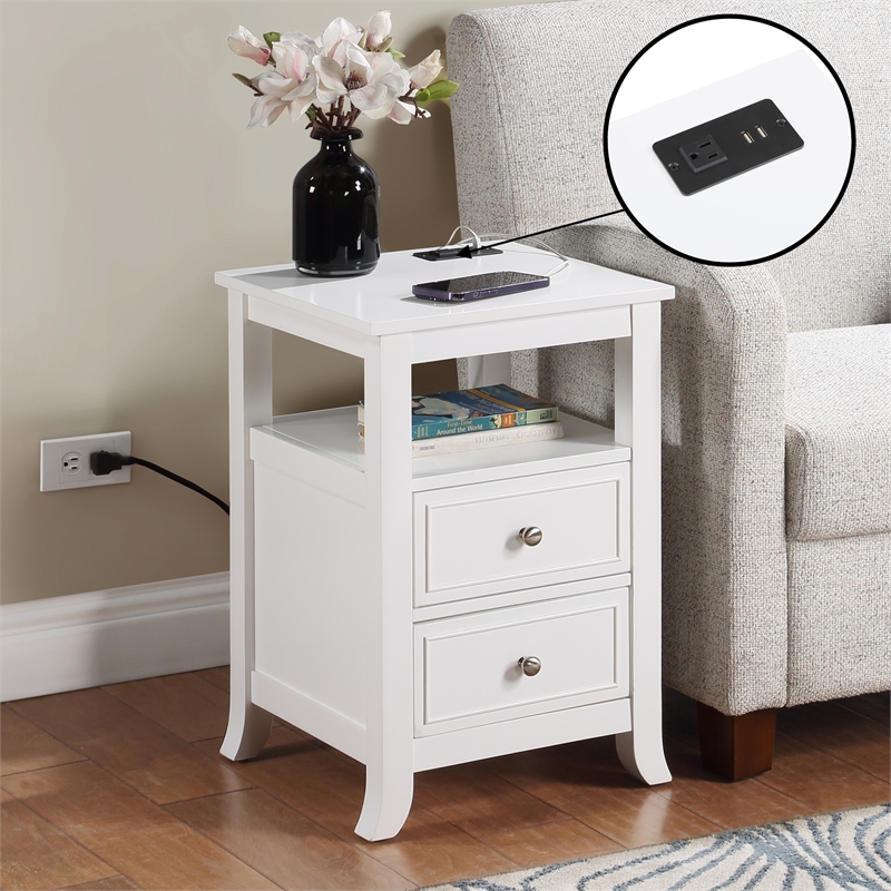Pemberly Row Two-Drawer End Table with Charging Station and Shelf in White Wood