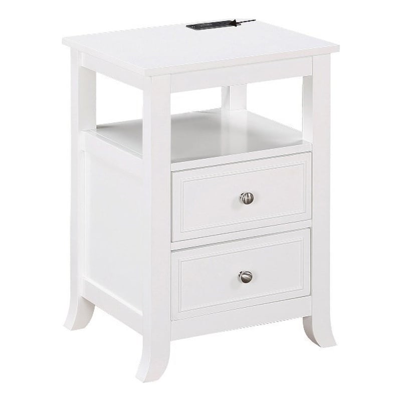 Pemberly Row Two-Drawer End Table with Charging Station and Shelf in White Wood