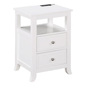 Pemberly Row Two-Drawer End Table with Charging Station and Shelf in White Wood