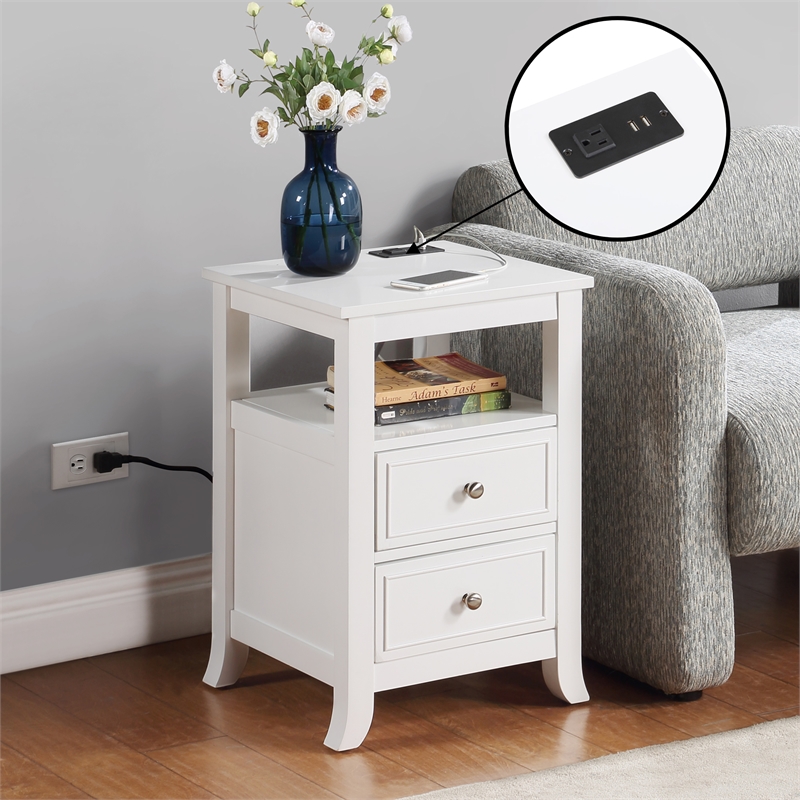 Pemberly Row Two-Drawer End Table with Charging Station and Shelf in White Wood
