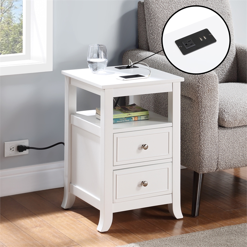 Pemberly Row Two-Drawer End Table with Charging Station and Shelf in White Wood