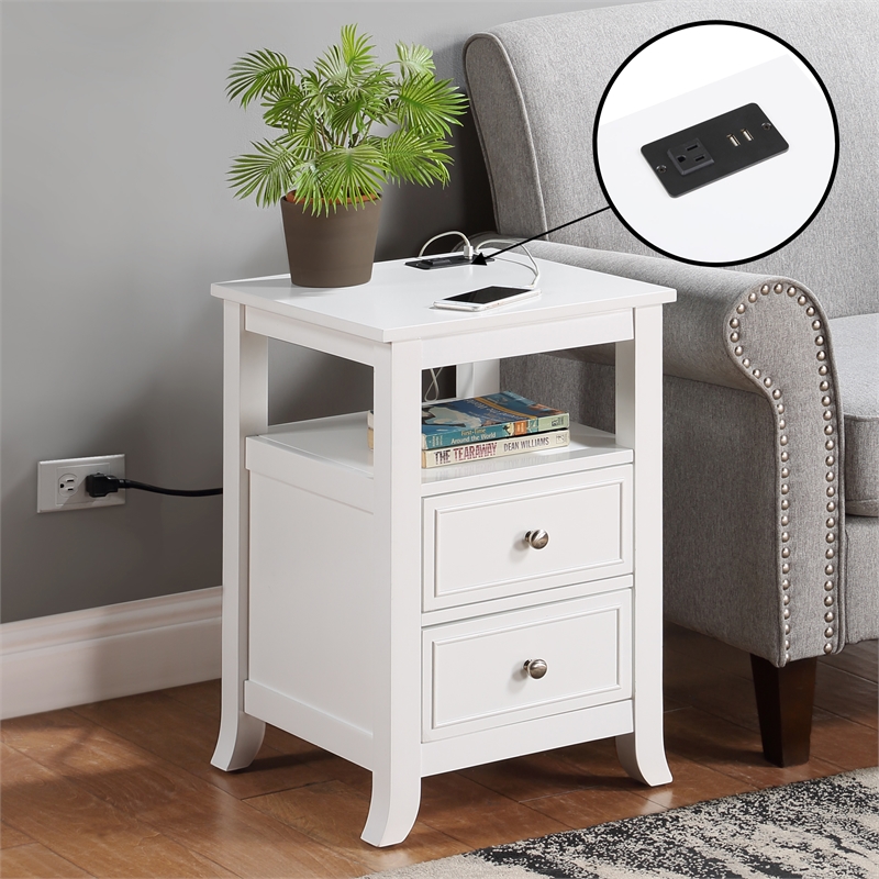 Pemberly Row Two-Drawer End Table with Charging Station and Shelf in White Wood