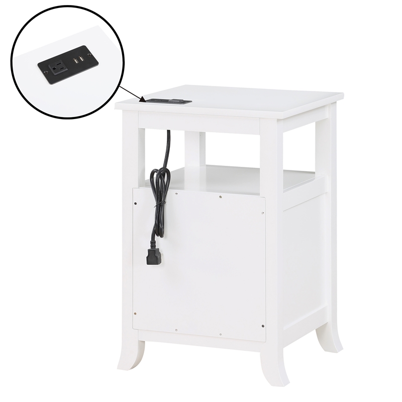 Pemberly Row Two-Drawer End Table with Charging Station and Shelf in White Wood
