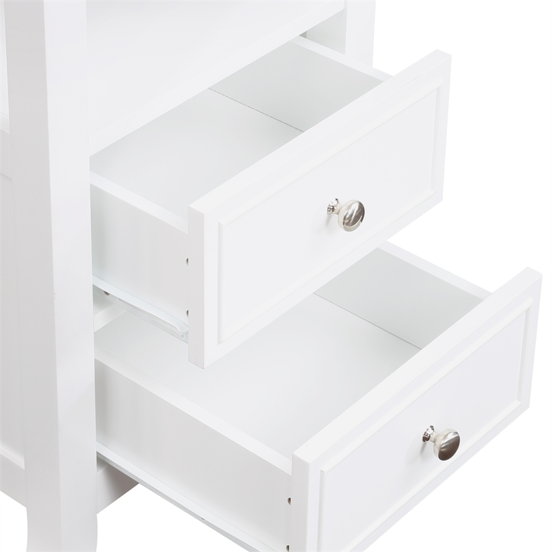 Pemberly Row Two-Drawer End Table with Charging Station and Shelf in White Wood