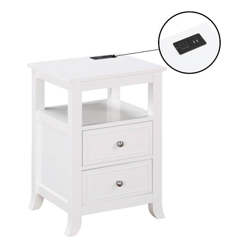 Pemberly Row Two-Drawer End Table with Charging Station and Shelf in White Wood