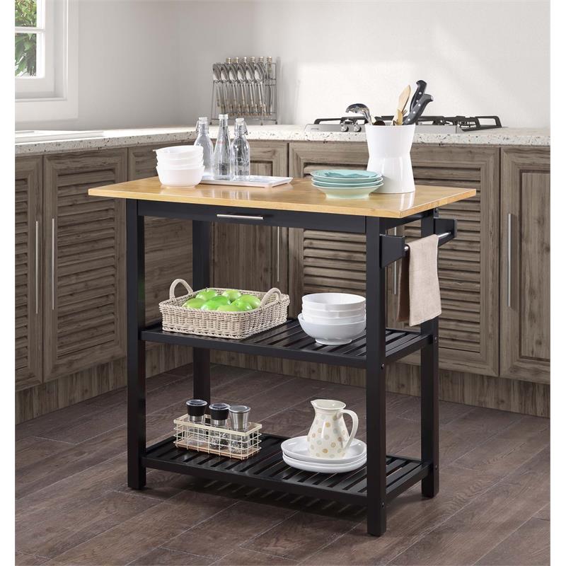 Pemberly Row 3-Tier Butcher Block Kitchen Prep Island with Drawer- Black Wood