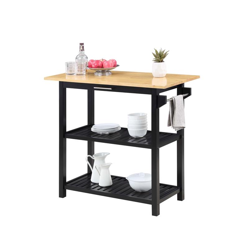 Pemberly Row 3-Tier Butcher Block Kitchen Prep Island with Drawer- Black Wood