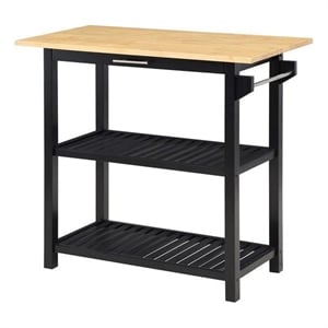 Pemberly Row 3-Tier Butcher Block Kitchen Prep Island with Drawer- Black Wood