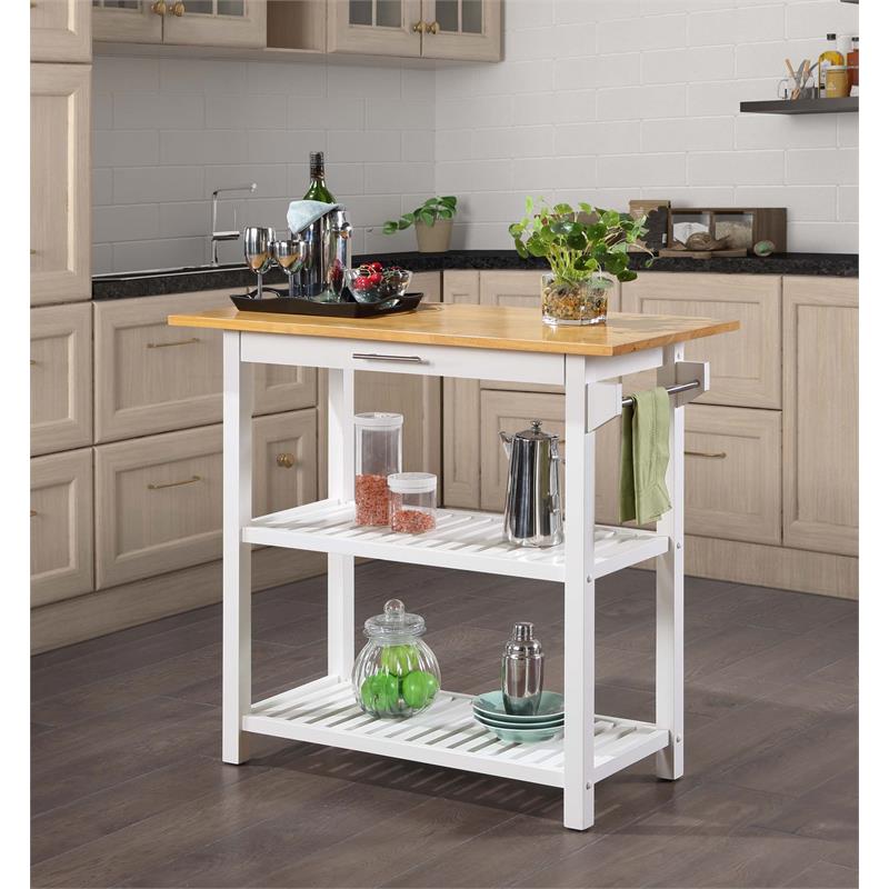 Pemberly Row 3-Tier Butcher Block Kitchen Prep Island with Drawer- White Wood