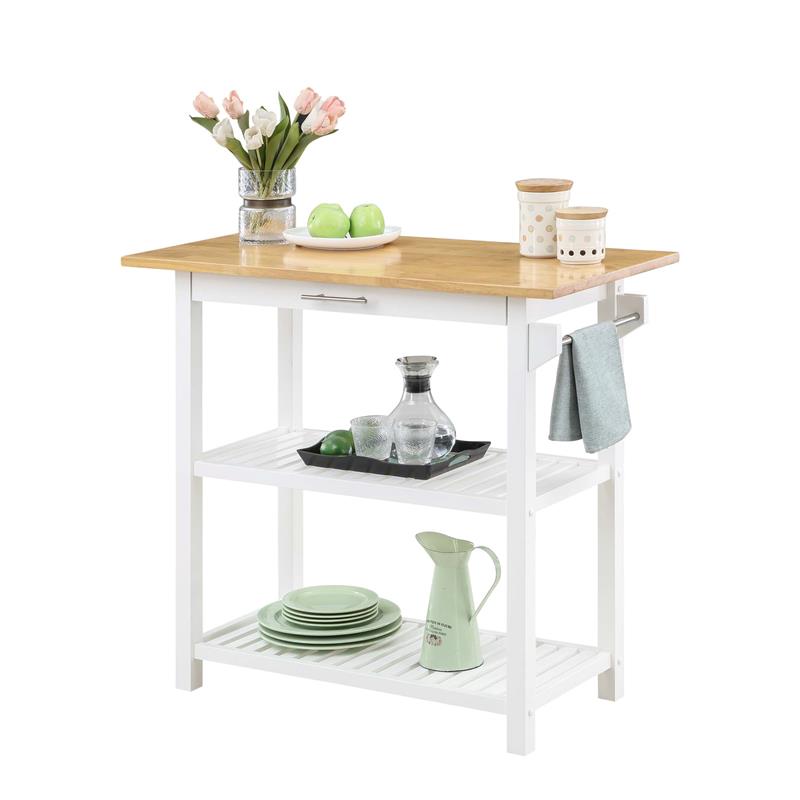Pemberly Row 3-Tier Butcher Block Kitchen Prep Island with Drawer- White Wood