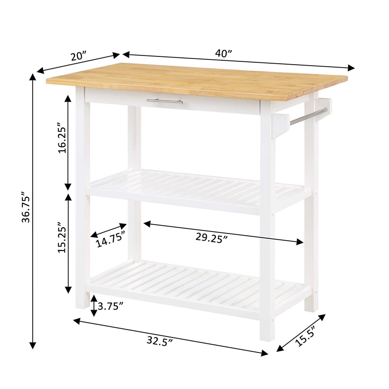 Pemberly Row 3-Tier Butcher Block Kitchen Prep Island with Drawer- White Wood