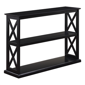 Pemberly Row Console Table w/ Shelves in Black Wood Finish w/ &quotX&quot Side Frames